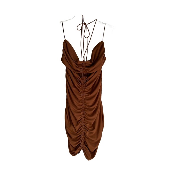 Zara Brown Womens XXL Mini Dress Ruched Draped Textured Strappy Halterneck - Picture 1 of 7